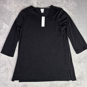 Chico's Travelers Top Women 1 Black Lattice Detail 3/4 Sleeve Ribbed Blouse‎ NEW